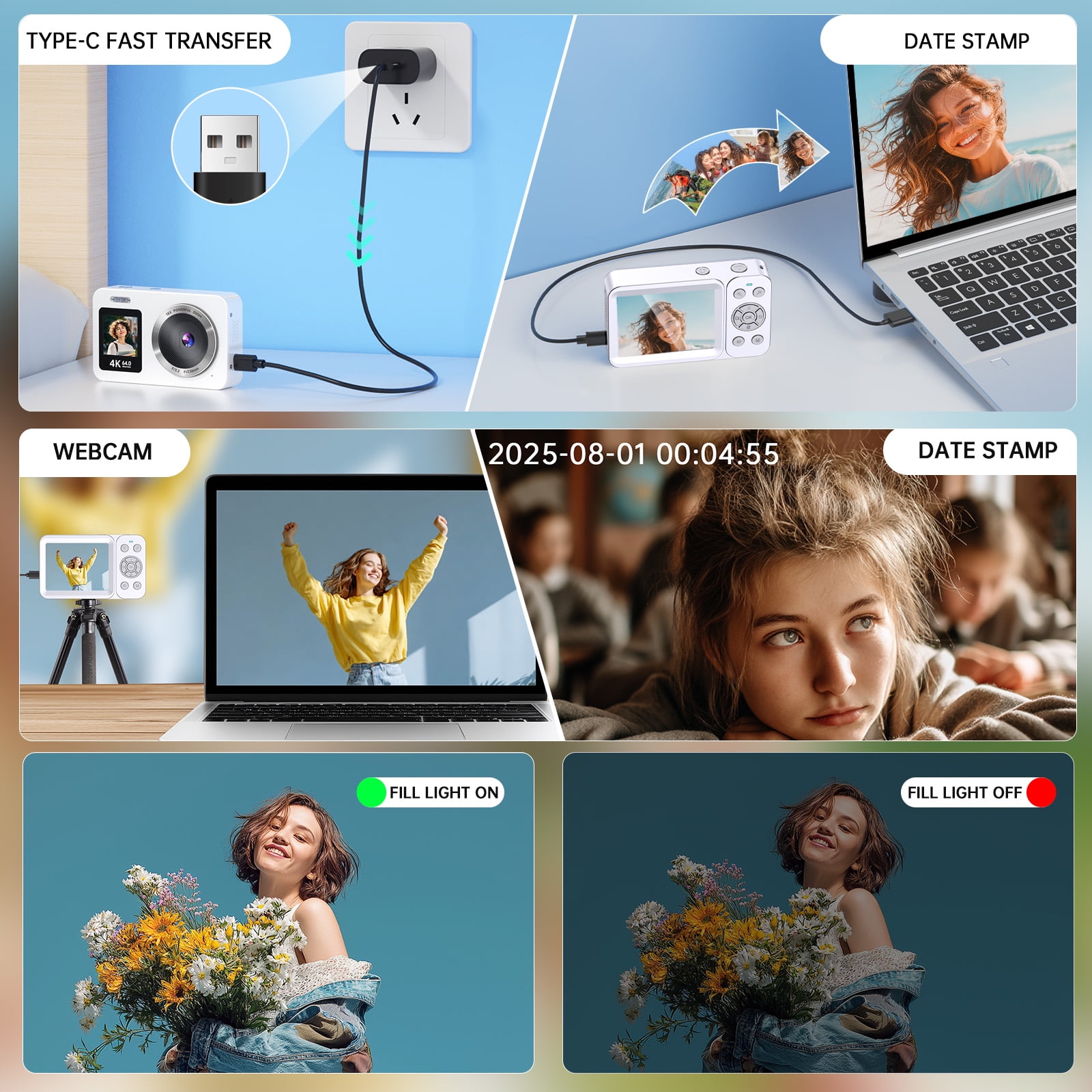 4K Digital Camera 64MP,Froura Dual-Screen Vlogging Camera,18X Zoom,64GB Card,2 Batteries,Point and Shoot Camera for Kids,Teens ,Beginners,Boys ,Girls,Compact Travel Camera,Birthday Gifts,White