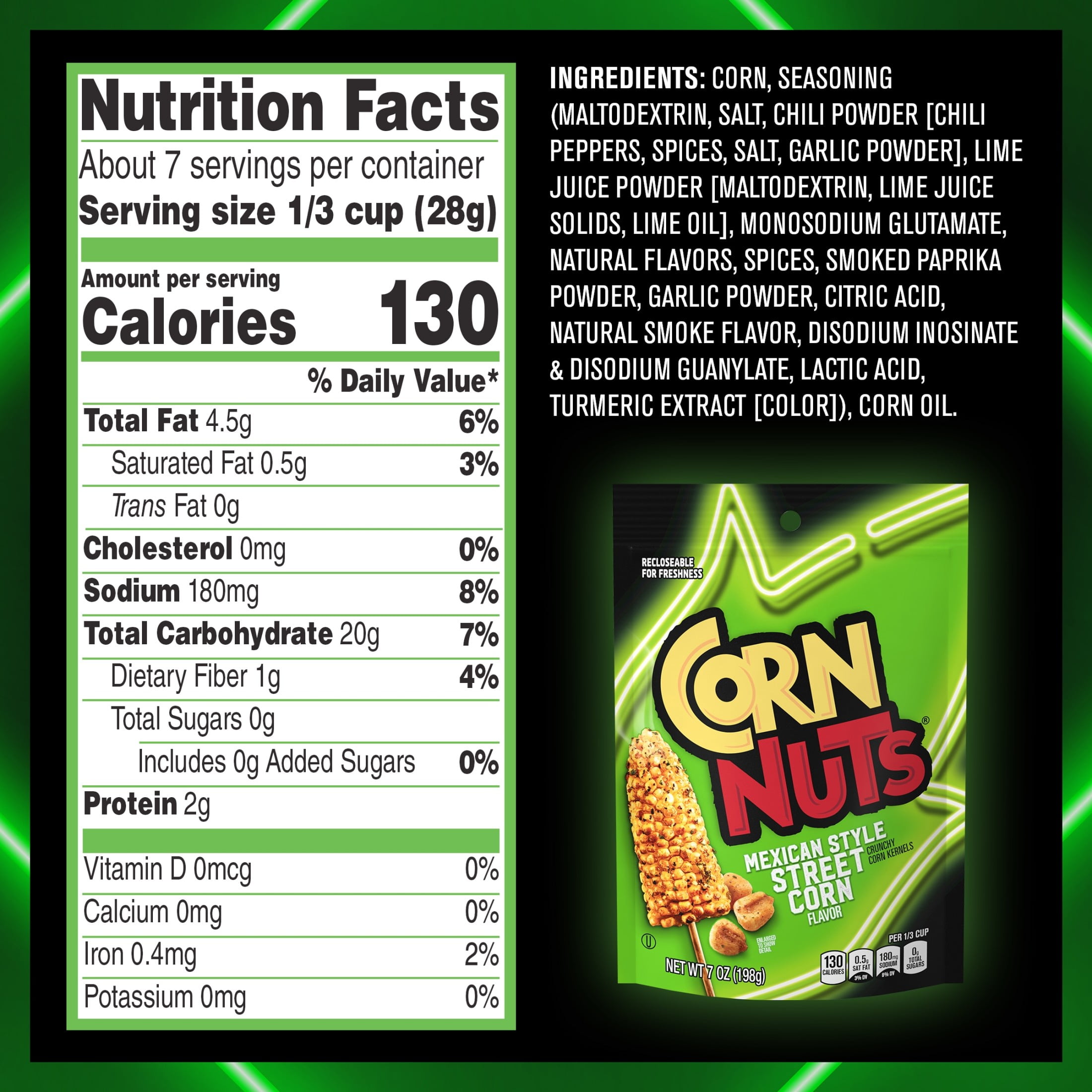 (2 pack) CORN NUTS Mexican Style Street Corn Kernels Flavored Nuts Snack, Shelf Stable, 7 oz Resealable Plastic Bag