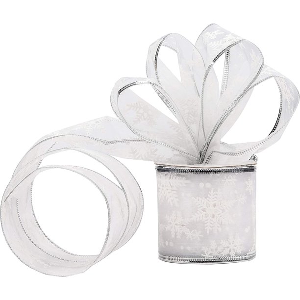 Cinta de regalo de organza plateada: 10 m x 6,3 cm, cinta navideña con alambre rojo con lentejuelas y copos de nieve para decoración navideña: cintas anchas para envolver regalos navideños y decoraci