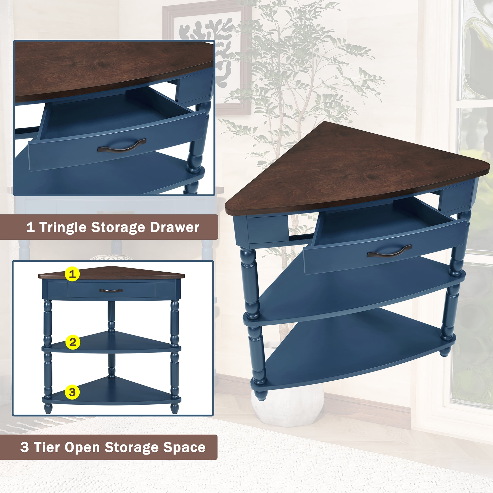 3-Tier Corner Stand, 34"Wood Corner Table with Open Shelves and Drawer, Space Saving Storage Organizer, Display Shelf for Living Room,Kitchen,Bathroom