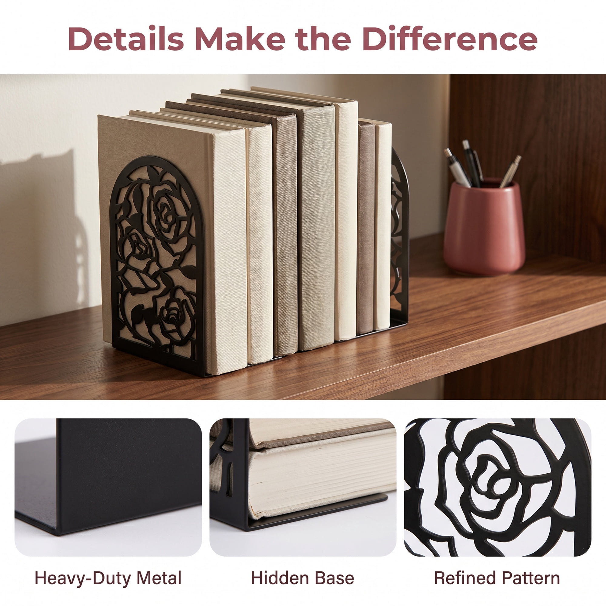 Unique Bargains Large Flower Design Floral Metal Bookends Black Style A 4.7"x3.2"x7.3"