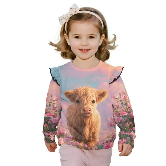 Xoenoiee Highland Cattle Rose Flower Print Toddler Baby Girl Ruffle Sweatshirt Crewneck Long Sleeve Pullover Tops Little Kids Fall Winter Clothes, Size 1-2 Years