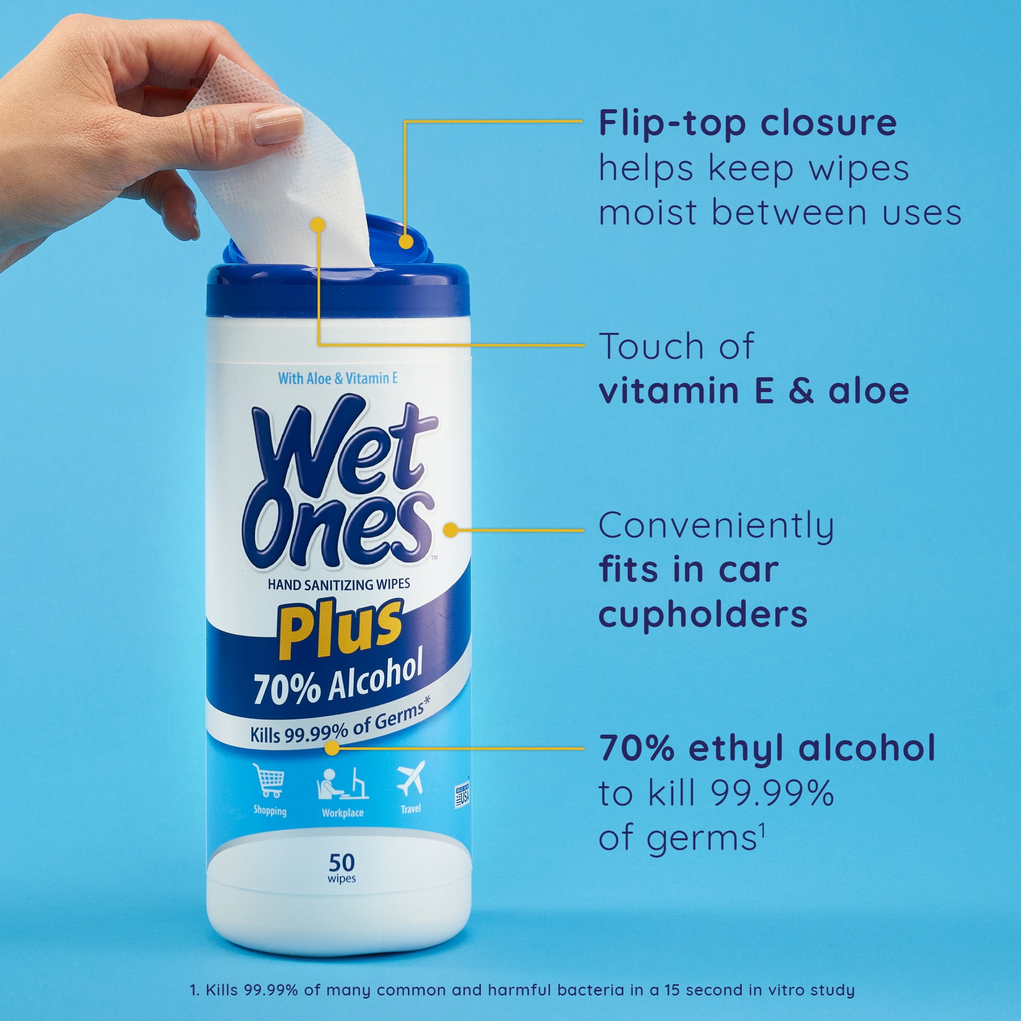 Wet Ones Plus Alcohol Hand Sanitizing Wipes Canister, 50 Wipes Ct, Unscented, 0.8 lbs
