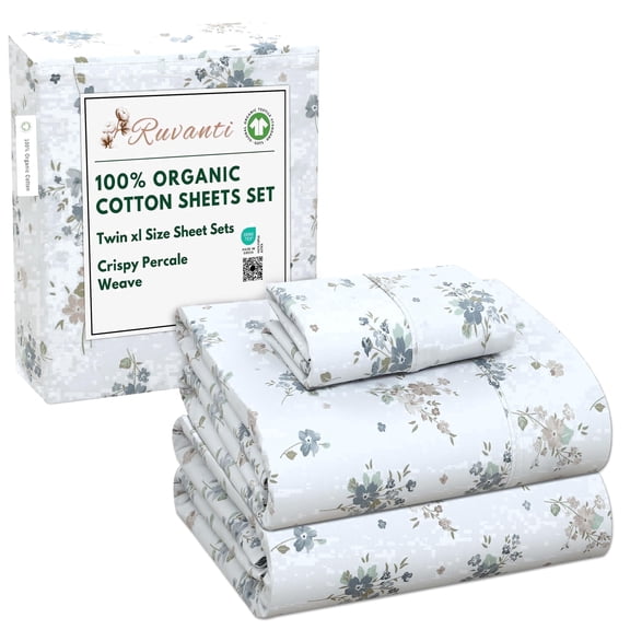 RUVANTI 100% Organic Cotton Sheets - Twin XL Sheet Sets - 3 Piece Percale Weave Bedding, Crisp, Cooling & Breathable, Soft & Durable, 16" Deep Pocket, Hotel Quality Sábanas - Halcyon