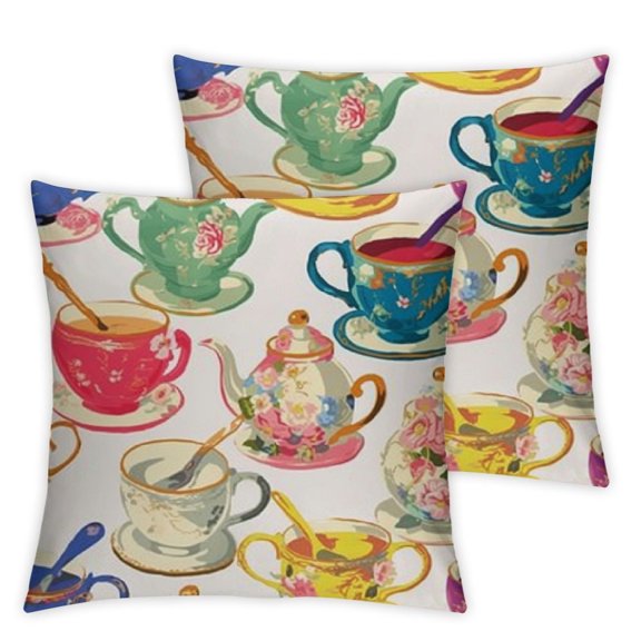 Tea Party Throw Pillow Cushion Cover, Selection of Vivid Colored Teacups Pot Sugar and Floral Arrangements in Corners, Decorative Square Accent Pillow Case,Cream Purple