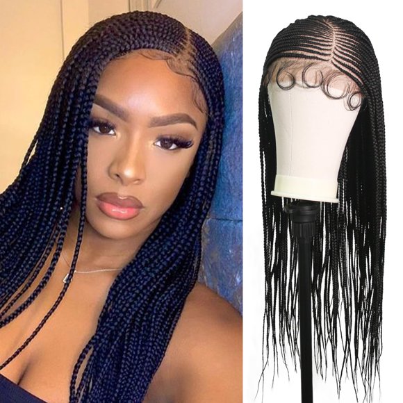 Janyuwool 13x8 HD Lace Front Braided Wigs Lace Frontal Box Braided Wigs for Black Women Human Hair Blended Side Parted Black Cornrow Lace Braid Wig with Baby Hair (30inch)