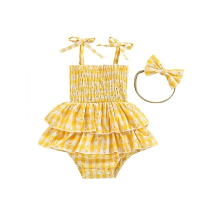 

Infant Baby Girls Romper Tie-Up Shoulder Straps Sling Plaid Floral Print Bodysuit Clothes with Headband