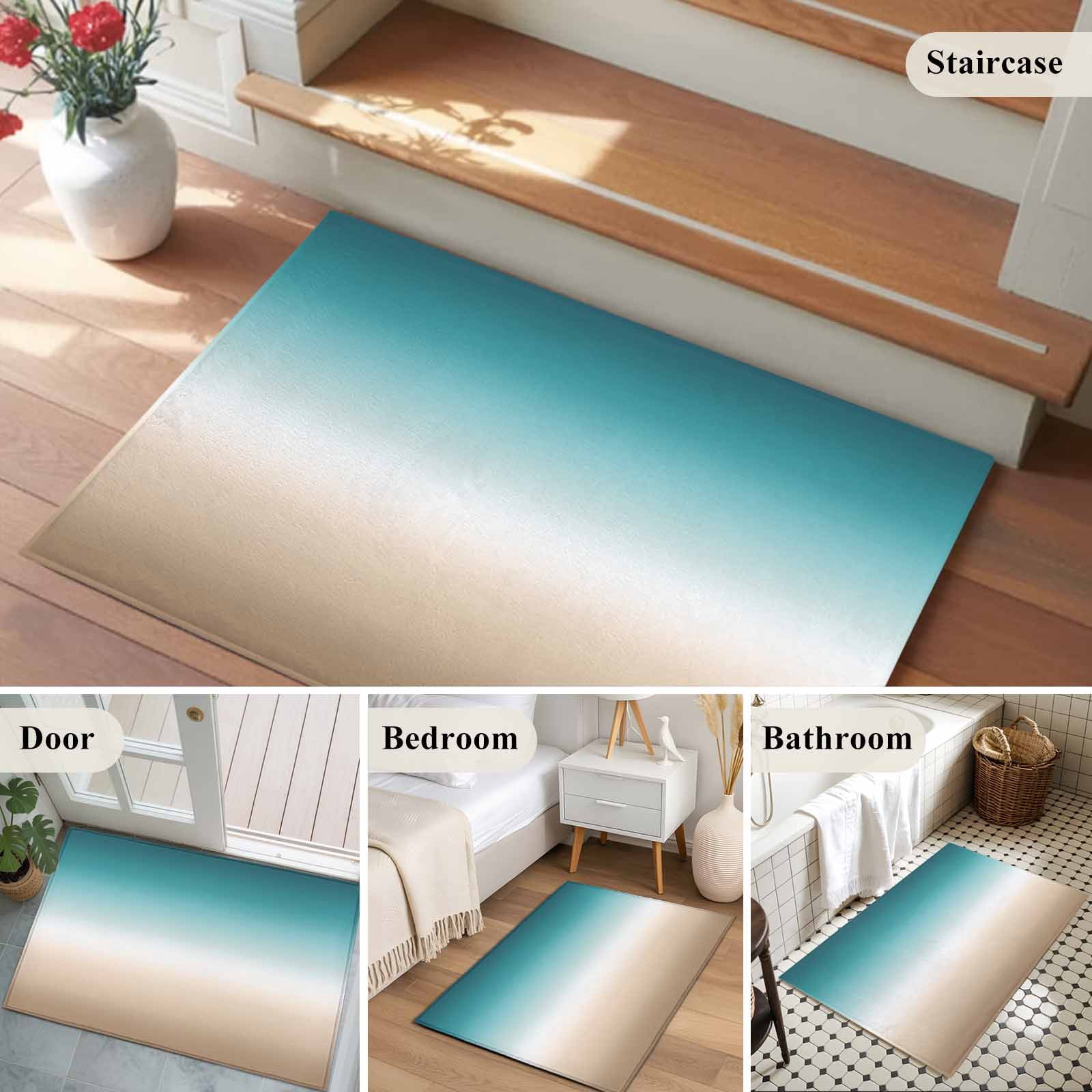 Entrance Runner Rug 2'x3',Teal Beige Ombre Cream Non-slip Doormat for Indoor Outdoor Entrance,Modern Turquoise Abstract Art Throw Floor Mat for Front Door/Living Room/Bedroom/Bathroom/Kitchen