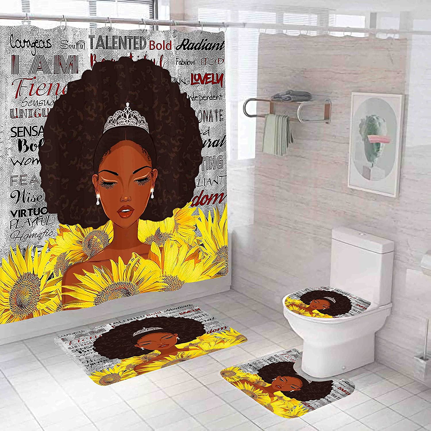 HTBUSC 4 PCS African Bathroom Sets with Rugs Colorful Quote Black Girl