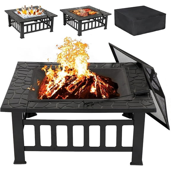 AetherLove 32in Outdoor Fire Pits Outside Wood Burning Firepit Square Metal Fireplace Table Fire Bowl with Grill,Screen and Poker for Camping Bonfire Backyard BBQ