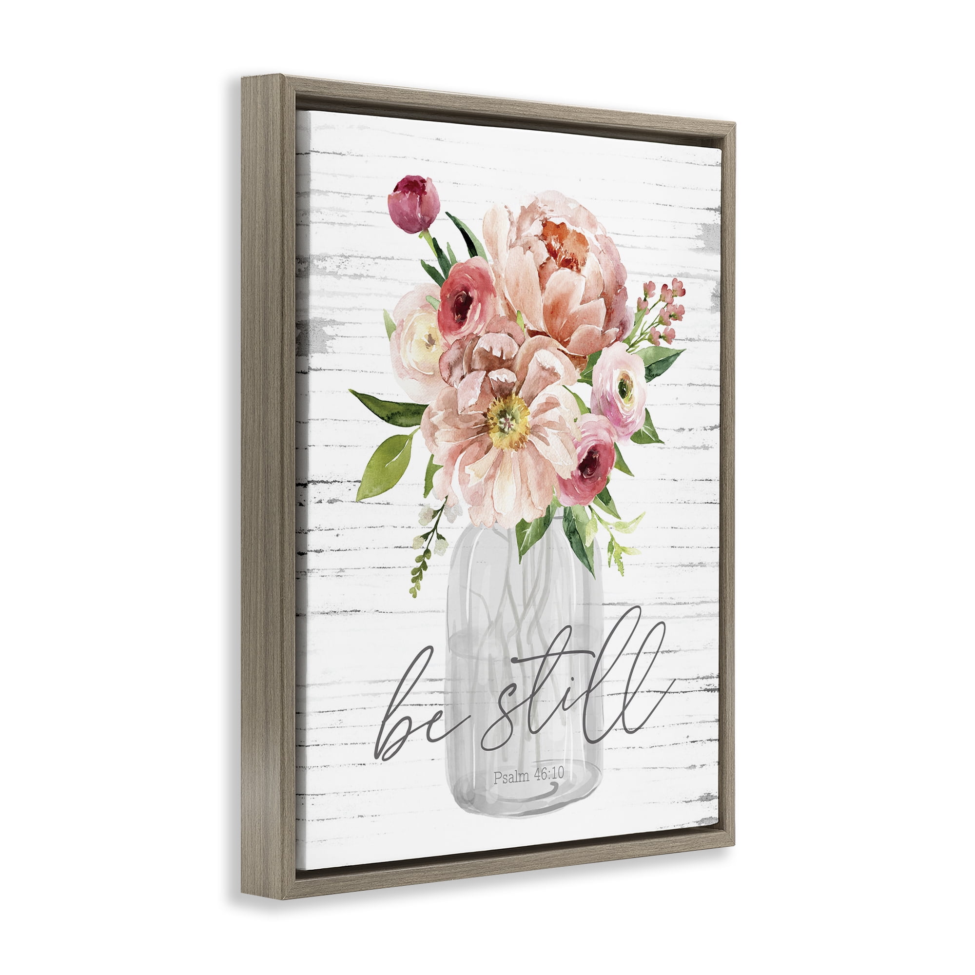 Stupell Industries Pink Be Still Bouquet Religious Painting Brown Floater Framed Canvas Art Print Wall Art, 17 x 21