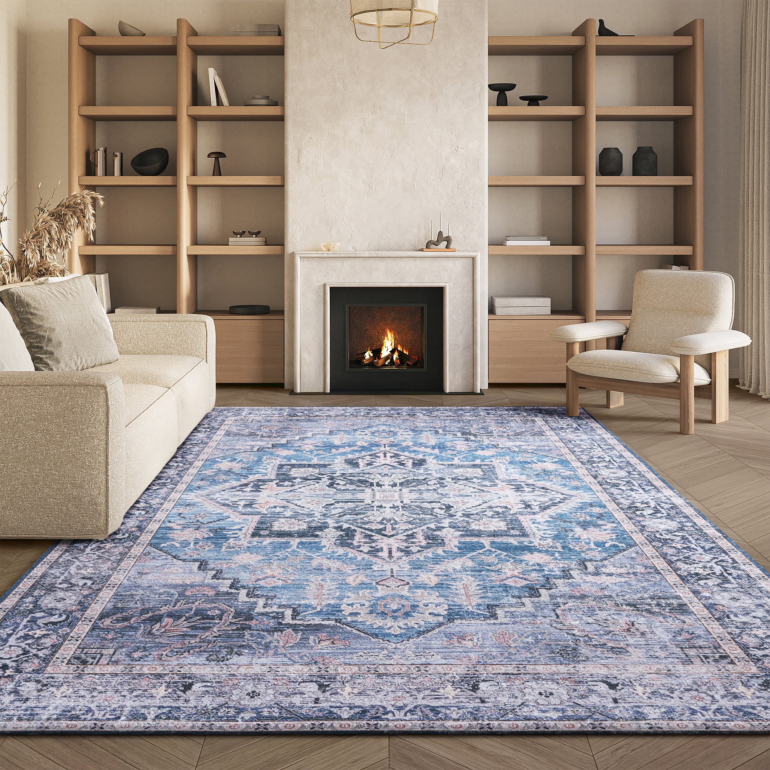 SAFAVIEH Tucson Beulah Traditional Machine Washable Area Rug, 9' x 12', Blue/Charcoal