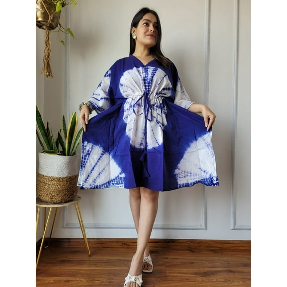 Designer Tie & Dye with Indigo Style Hand Block Print Cotton Short Kaftan
