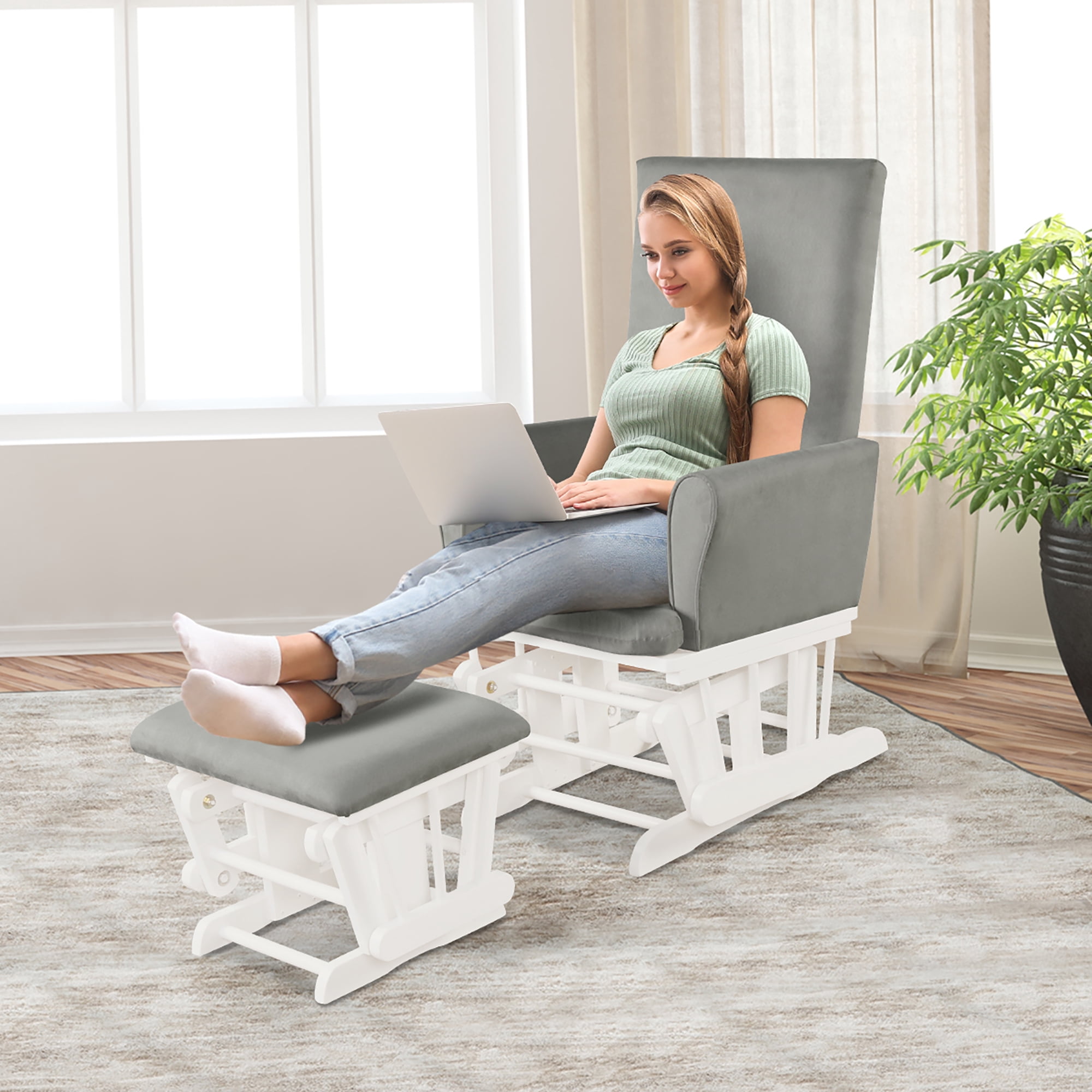 Costway Baby Nursery Relax Rocker Rocking Chair Glider & Ottoman Set w/Cushion 3-6 Years Grey