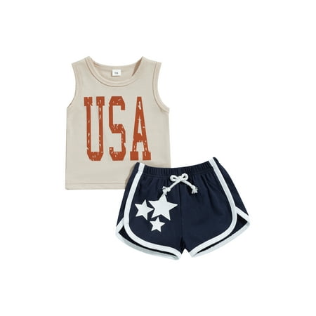 

Suanret Independence Day Toddler Baby Boys 4th of July Outfits Sleeveless Letter Print Tank Tops Star Shorts 2Pcs Sets Khaki 12-18 Months