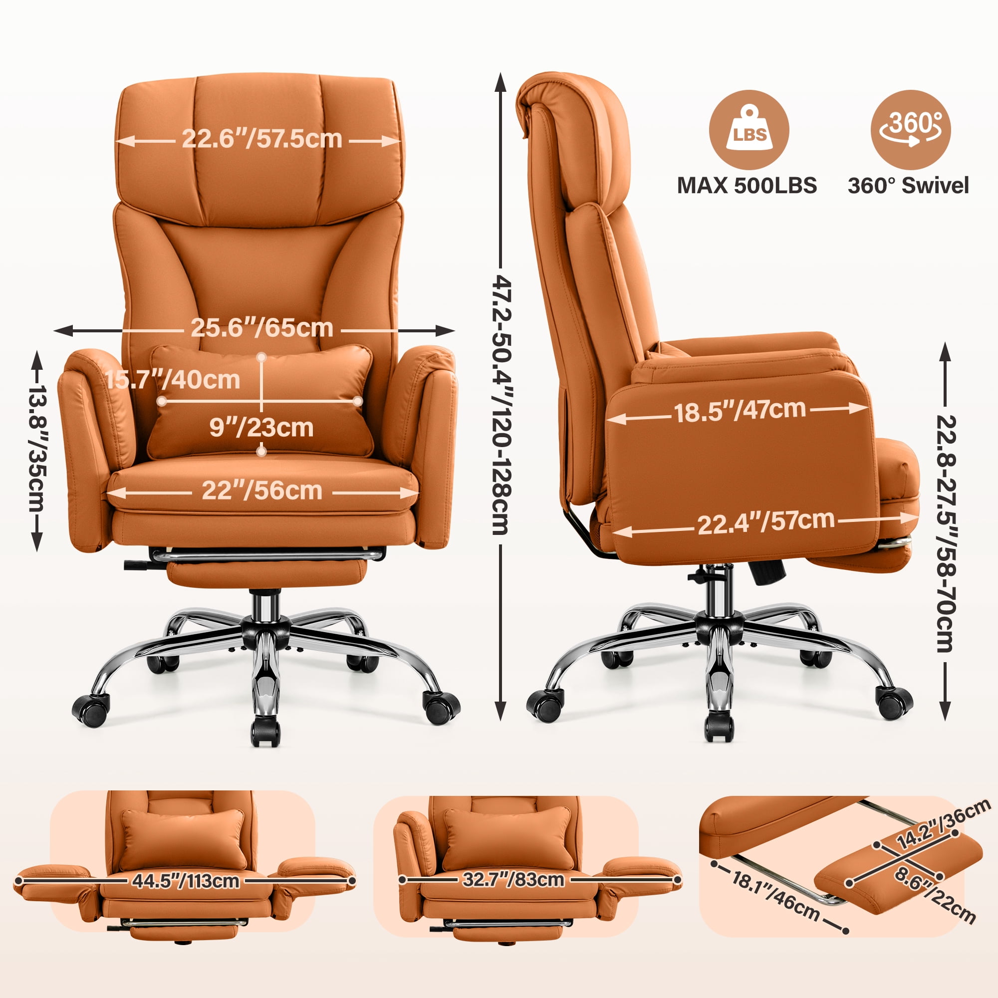 COOLHUT Big and Tall Office Chair, High Back Executive PU Leather Desk Chair with Footrest, Ergonomic Home Office Chair Computer Chair with Lumbar Support & Padded Armrest, Brown