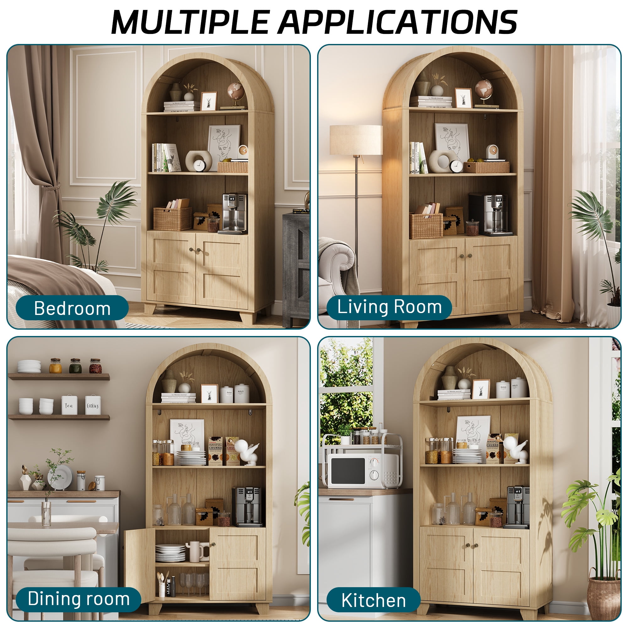 70'' Tall Arched Cabinet, Arched Kitchen Pantry Cabinet with 2 Doors and 5shelves, Open Storage Cabinets Display Bookcase, Versatile Cupboard for Living Room(Wood color)