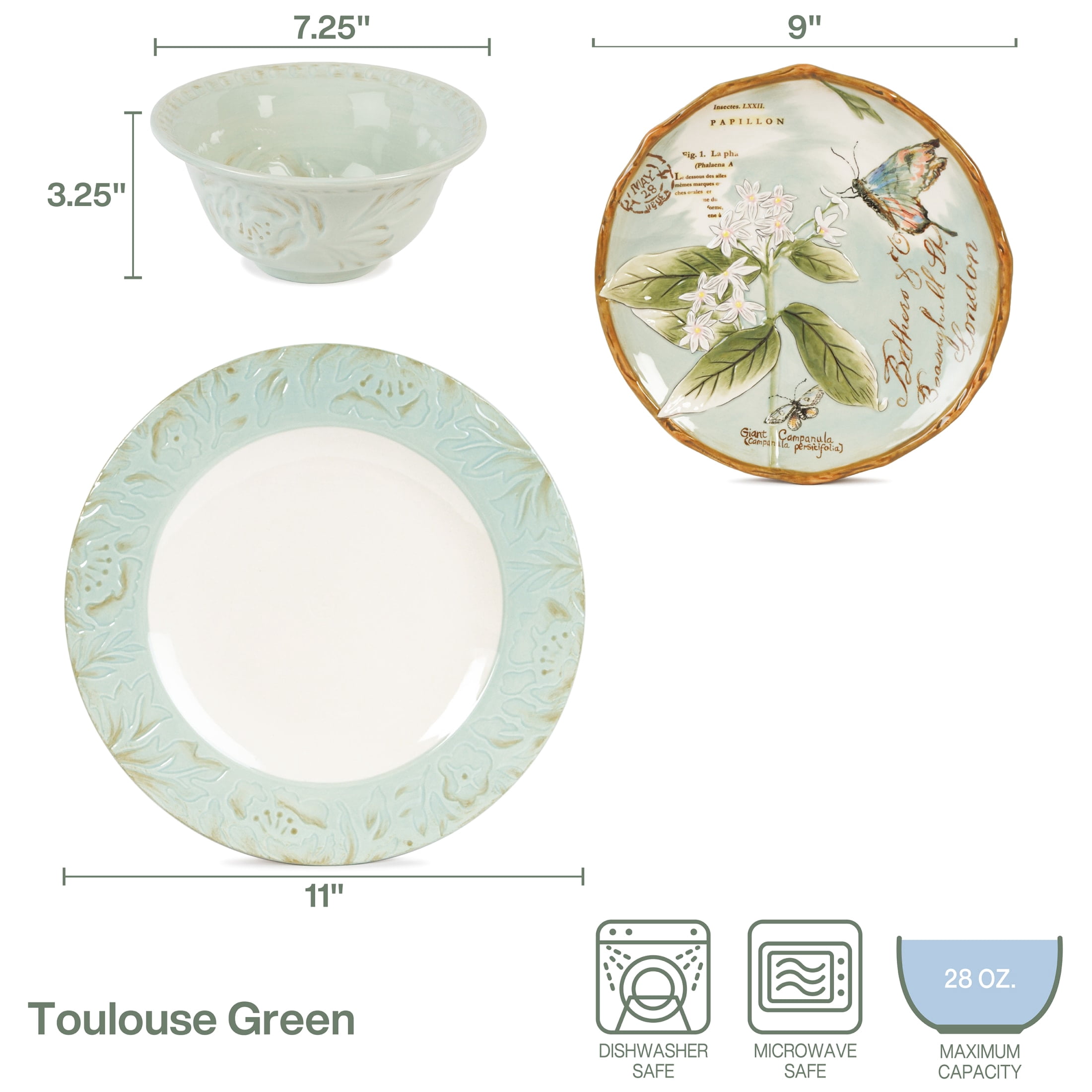 Fitz and Floyd Toulouse 12-Piece Green Stoneware Tableware Set
