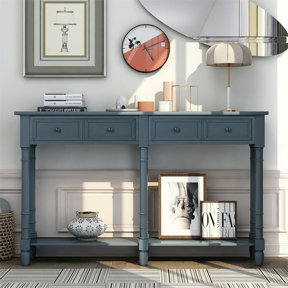 Console Table Sofa Table with Two Storage Drawers and Bottom Shelf, Long Antique Entryway Table Console Sofa Table for Living Room, Entryway, Bedroom and Office, Easy Assembly, Antique Navy