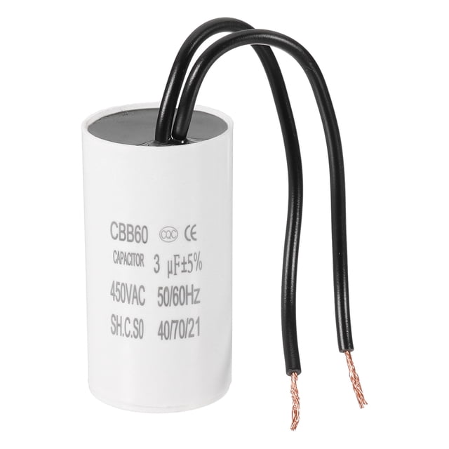 Capacitor de funcionamiento CBB60 3uF de Uxcell, capacitor de arranque con 2 cables, CA 450V para motor de arranque con frecuencia de 50Hz/60Hz, adecuado para compresores de aire y bombas, blanco