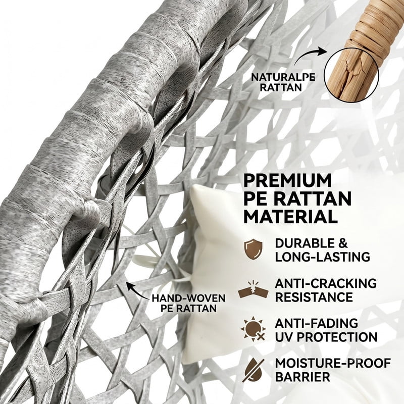 350lbs Capacity Foldable Hanging Chair with Stand, HDPE Rattan Accent Swing Egg Chair with Cushions for Indoor/Outdoor