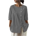 thumbnail image 3 of Mujeres 3/4 Manga Verano Tops Color Sólido Cuello Redondo Botón Cordón Blusa Casual para Diario, 3 of 7