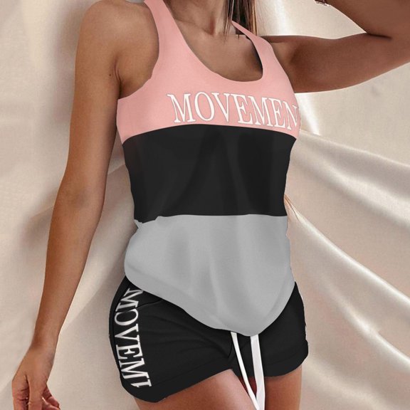 Fengqque Women Printing Sleeveless Set Casual Vest Two-Piece Suit