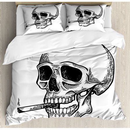 Skull Smoking Duvet Cover Set King Size, Monochrome Art Human Skeleton Head Sketch and Cigarette in his Mouth, Decorative 3 Piece Bedding Set with 2 Pillow Shams, White Charcoal Grey, by Ambesonne