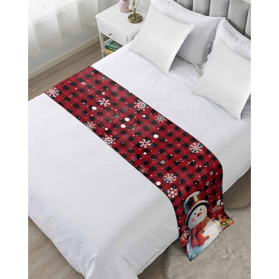 Bed Runner Scarf King Size, Red Plaid Snowman Christmas Stain Bed Runners & Scarves for Foot of Beds, Berry Snowflake Xmas Decorative Bedding Runner Scarf for Hotel Home Bedroom