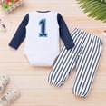 thumbnail image 3 of OBEEII 1st Birthday Boys Outfits Long Sleeve Printed Romper and Striped Pants Set 1 Years Old Birthday Casual Clothes, 3 of 9