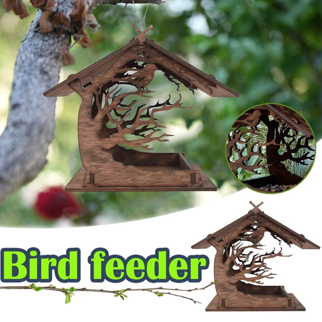 Fiudx Comedero de Madera para Pájaros, Fácil Mantenimiento y Sin Montaje, Sistema de Ventilación para La Salud de Las Aves, Decoración de Jardín Exterior, Patio, Villa, Balcón, Contrachapado de Abedu