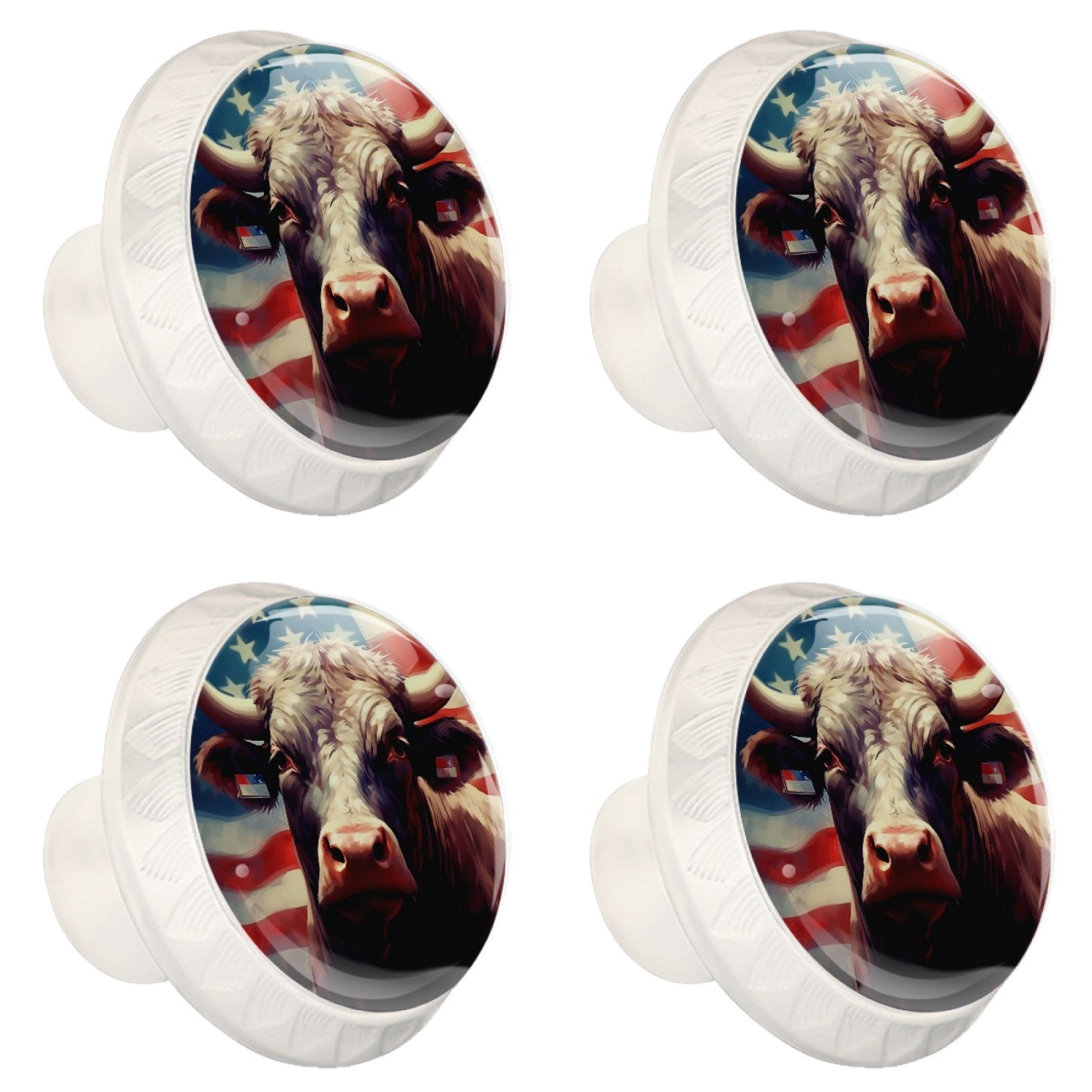 4 Pcs Cow American Flag Knobs for Kitchen Cabinet Cupboard Dresser Bookcase Drawer Pulls Handles Round Home Decor