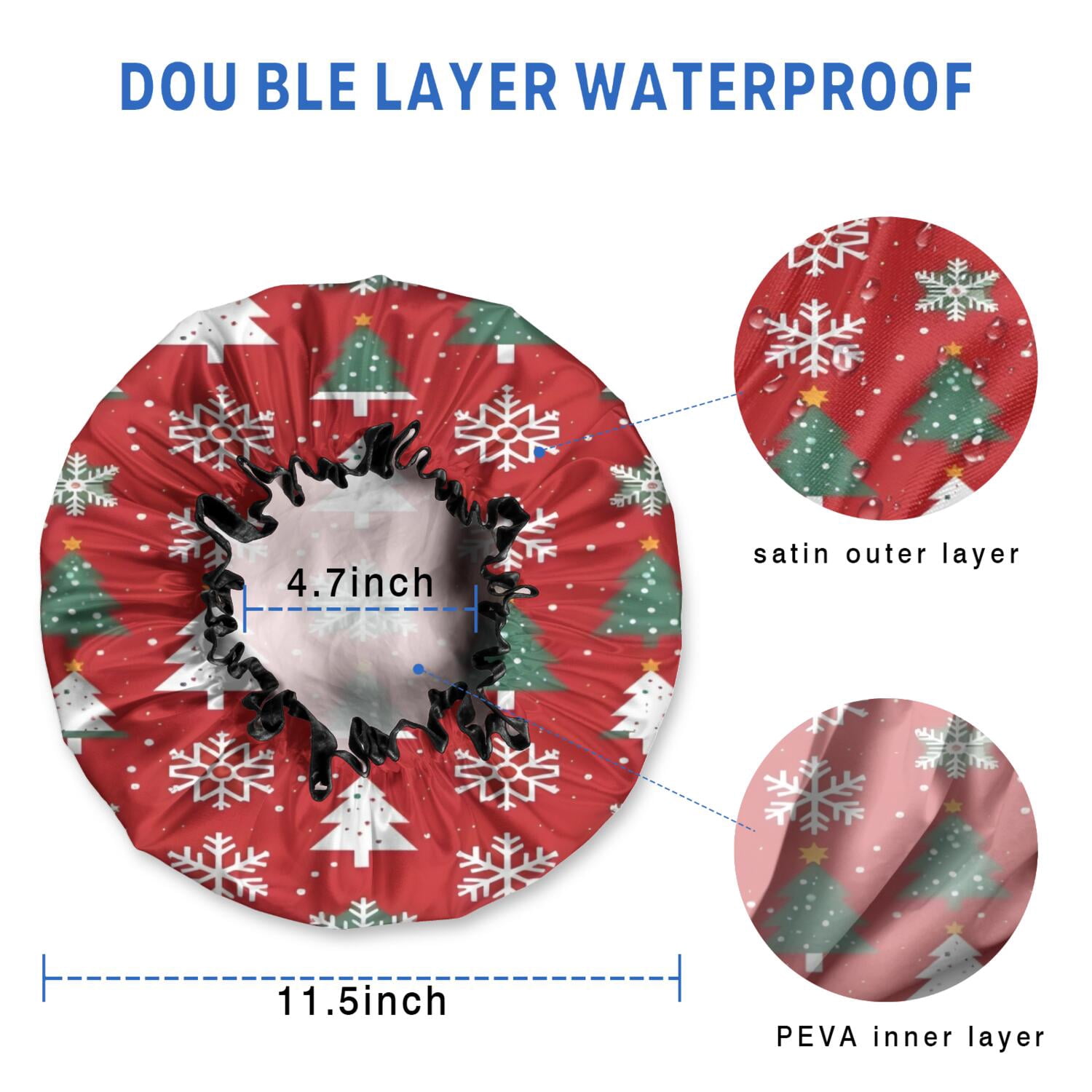 Shower Caps,Red Christmas Tree and Snowflake Pattern Waterproof Shower Cap for Women 4 Pieces,Double Reusable Hair Cover for Shower PEVA Elastic Stretch Hem