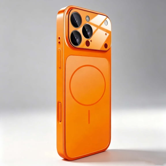 For iPhone 15 Pro Max Phone Case,Compatible with Wireless Charging,Anti-Scratch Tempered Glass Back Design,Full Camera Lens Protector,Glossy Ultra Slim Shockproof Non-Slip Phone Case,Orange