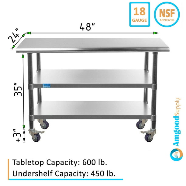 Amgood 48 Long X 24 Deep Stainless Steel Work Table With 2 Shelves And Wheels Metal Food Prep Station Commercial Residential Nsf Utility Com Metal Food Prep Station, Stainless Steel Food Prep Table Top