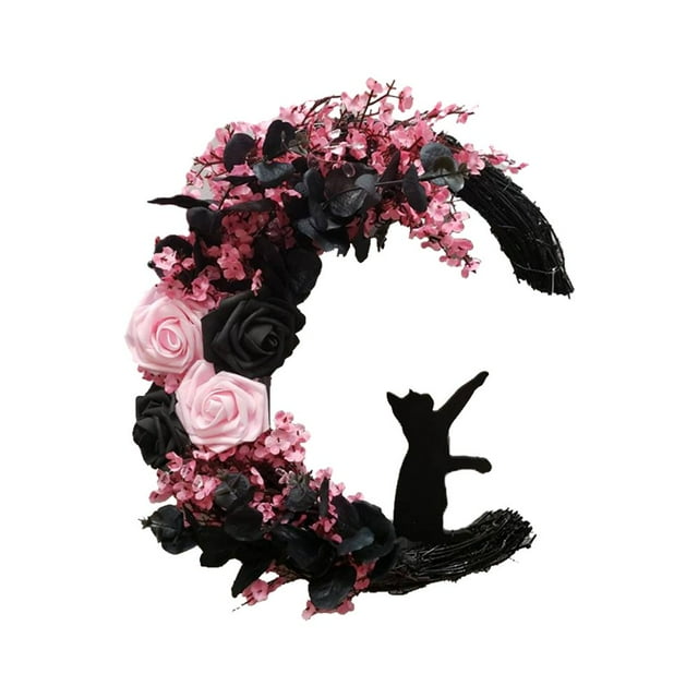 Halloween Moon Cat Wreath-12In Rattan Rings Kittens Atmosphere Decorations Halloween Wreath DIY Artificial Flowers Moon Cat Shape Festival Twigs