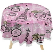 SKYSONIC Paris Eiffel Tower Valentine Round Tablecloth 60inch with Lace Indoor Wrinkle Free, Bike Flowers Pattern Circular Table Cover Washable Farmhouse Tabletop for Kitchen Dining Decor