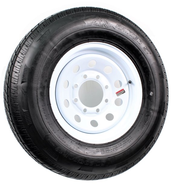 Radial Trailer Tire On White Rim ST235/80R16 LRE 8 Lug On 6.5 Modular