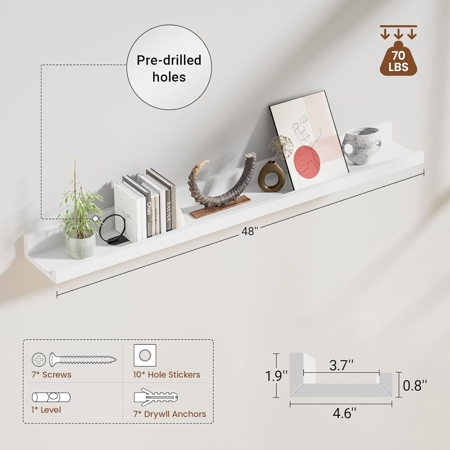 Floating Shelves for Wall Set 2 of 48 inches Picture Ledge Shelf 96 inches Totally,Solid Wood White Shelves for Room Wall to Display and Storage Photo Picture,Vinyl,Toy,Spice,Perfume,Book etc.