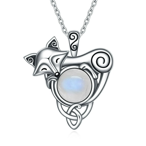 Celtic Fox Pendant Necklace 925 Sterling Silver Vintage Animal Moonstone Fox Jewelry For Women Gift