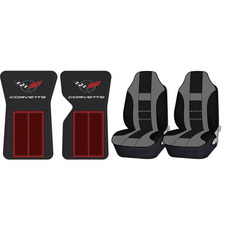Back Universal Seat Cover - Official Licensed Corvette C3 68-82 Red Floor Mats & UAA Gray/Black Universal High Back Front Seat Covers