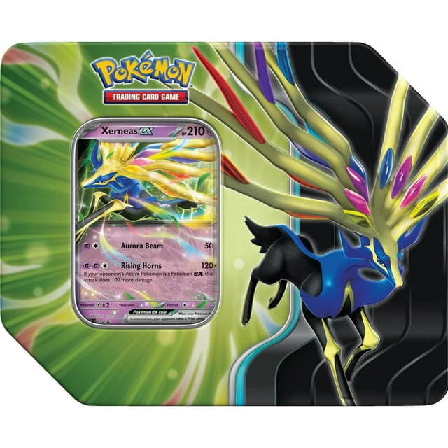 Pokemon TCG: Scarlet & Violet - Azure Legends Tin featuring Xerneas ex. The tin includes a foil promo card of Xerneas ex, five Pokémon TCG booster packs, and a code card for Pokémon TCG Live. Perfect for trading card collectors and competitive players.