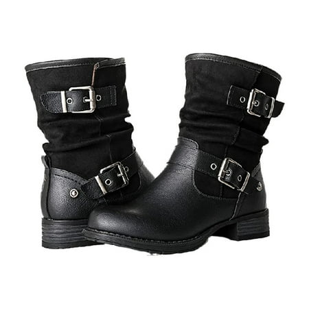 

LnjYIGJ Women s Middle Mid Calf Boots Women s Winter Knight Belt Buckle With Spliced Side Zipper Low Heeled Boots