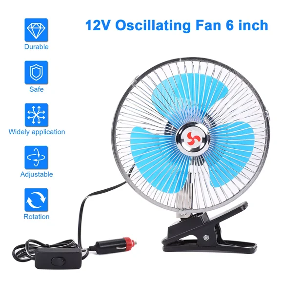 6inch 12V Car Oscillating Fan Clip On Cigarette Lighter Cooling Fan Rotatable Cooler Easy Mounted Perfect for Cars Trucks RVs Van
