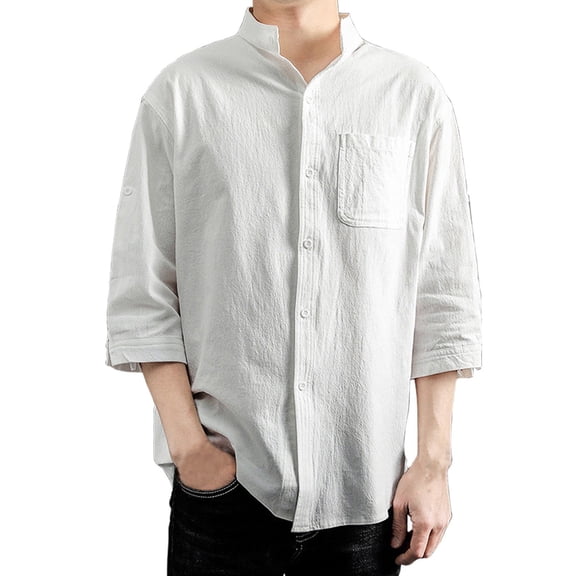 IWRICH 3/4 Sleeve Cotton Linen Shirts Japanese Style Casual Stand Collar Button down T Shirts Pocket Tops White XL