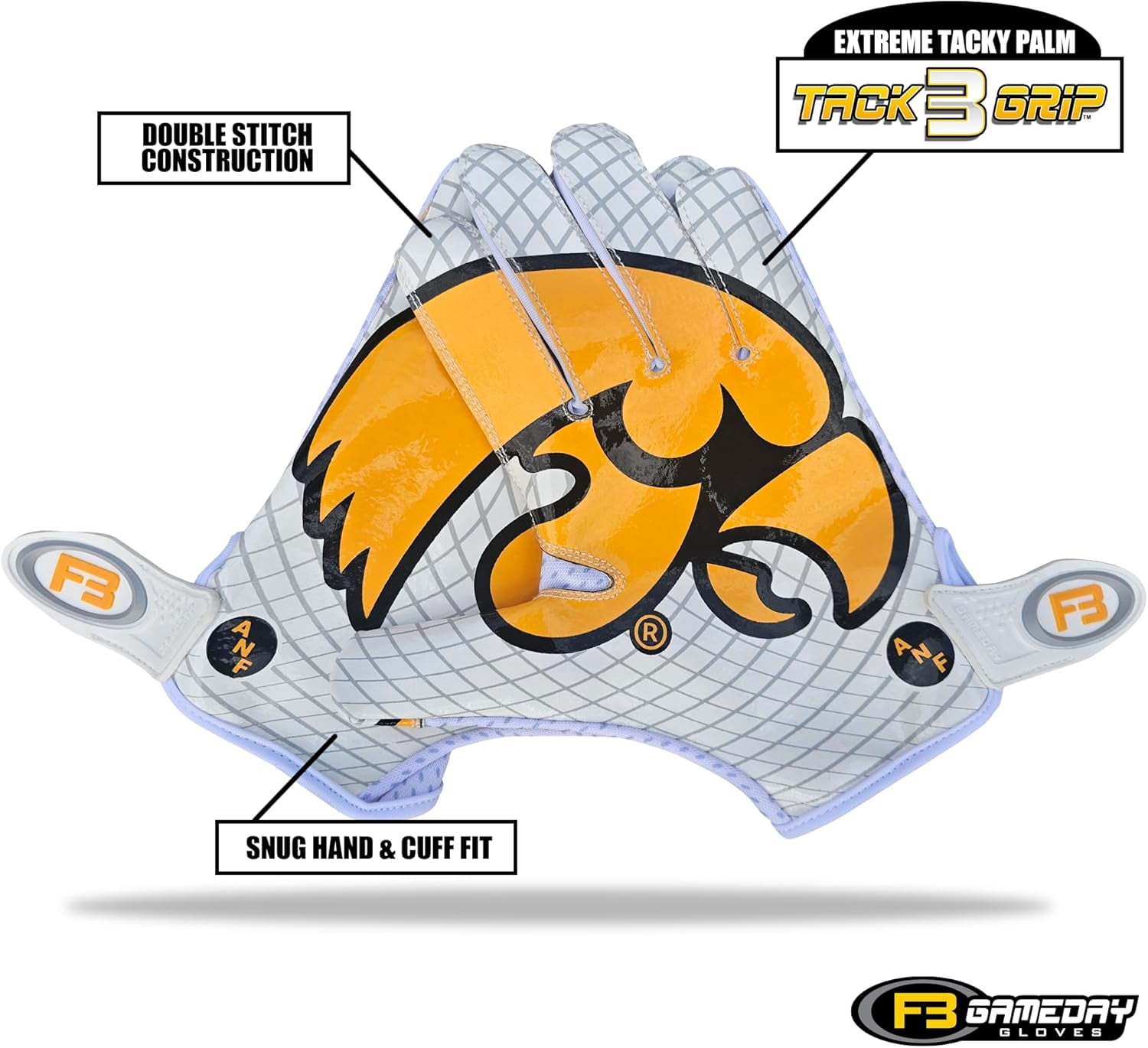 Scale Wear Design University of Iowa Hawkeyes Football Gloves with Super Stick-Tach Silicone Grip Palms. Men's & Youth Boys Sticky Football Receiver Gloves (White, Youth-L)