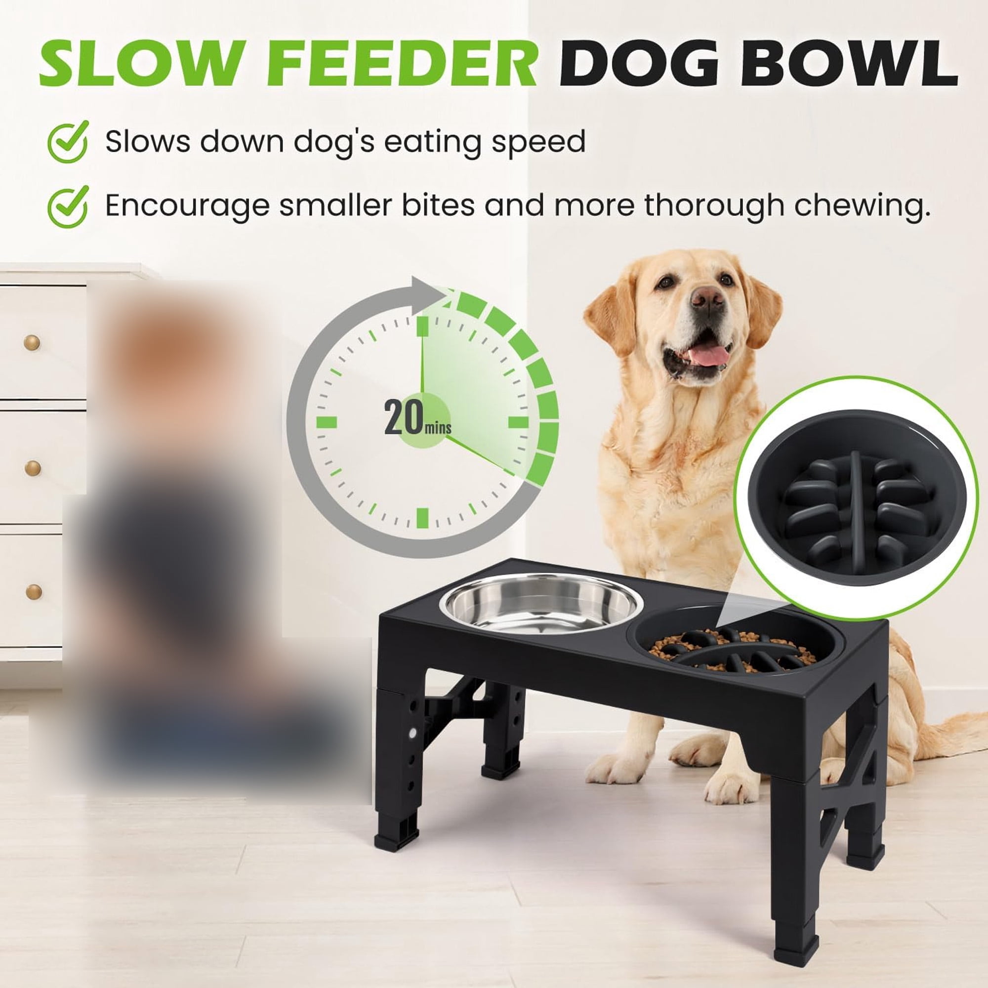 Eleated Dog Bowls Stand with Adjustable Height, 2 Stainless Steel Bowls and Slow Feeder, Perfect for Small to Large Dogs, Promotes Digestion and Comfort, Ideal for Pets with Mobility Issues, Black