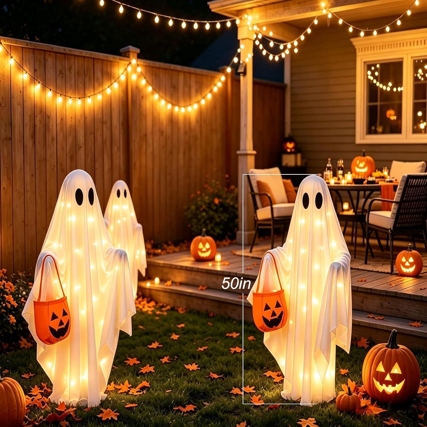 Solar Halloween Ghost Lights, 2 Pack Hanging and Stake Yard Decorations with 30 Warm White LEDs, 14.57 in, Weather Resistant