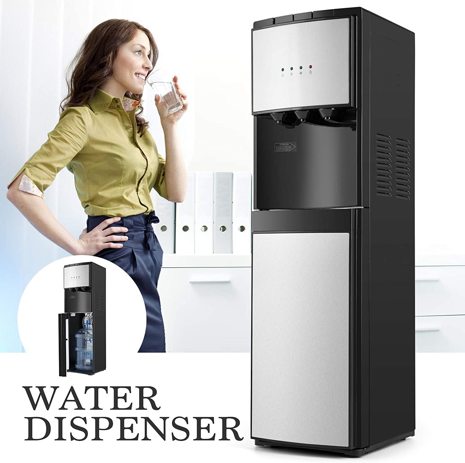 Bottom Loading 5 Gallon Water Cooler Dispenser Hot/Cold/Room 3 Temperature Compressor Cooling with Child Safety Lock(Silver,Black)