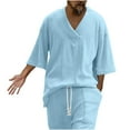 thumbnail image 3 of Jinhomg Loose Fit Outfits Men 2 Piece Lightweight Breathable Lounge Sets Big and Tall Comfy Short Sleeve V-Neck T-Shirt with Drawstring Waist Shorts Light Blue XL, 3 of 7